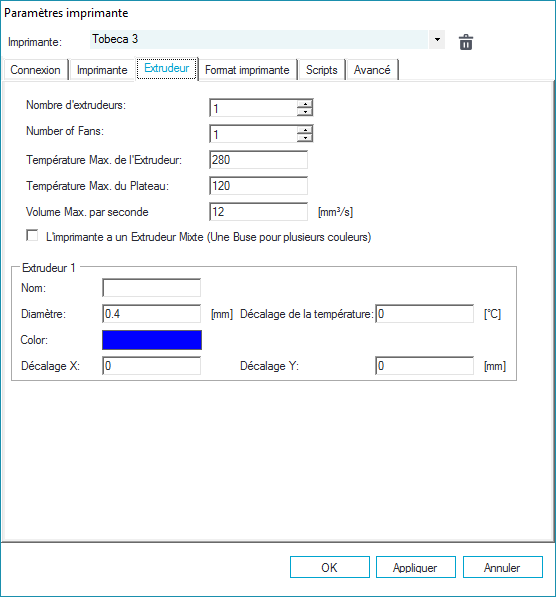 configuration simple extrudeur