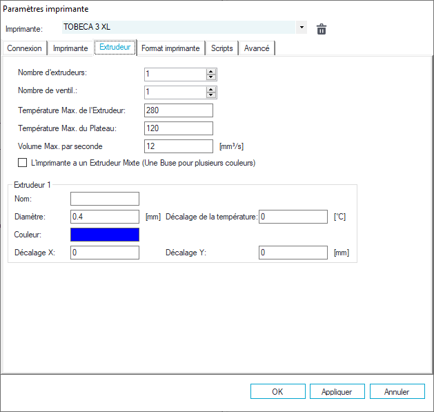 configuration simple extrudeur